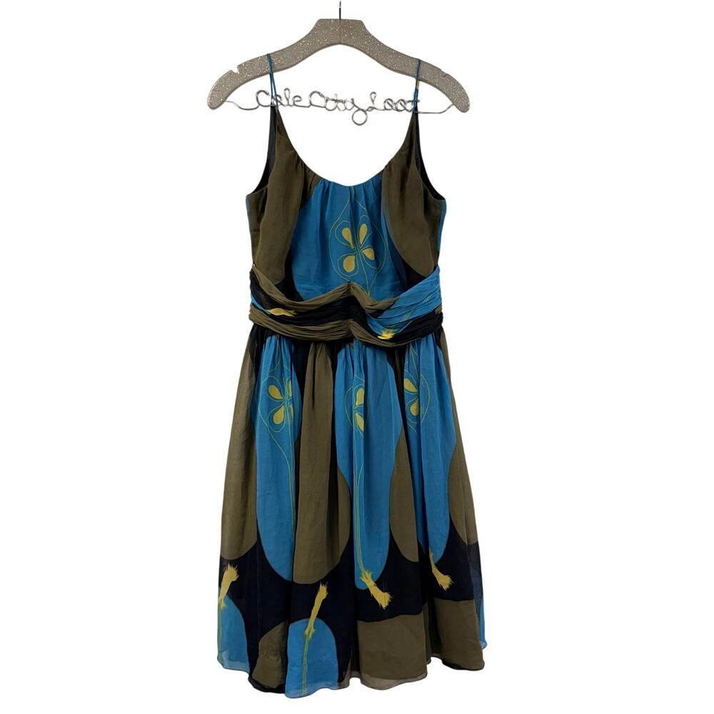 Anna Sui Sleeveless Silk Dress Blue Green Black 8 Vintage Anthropologie